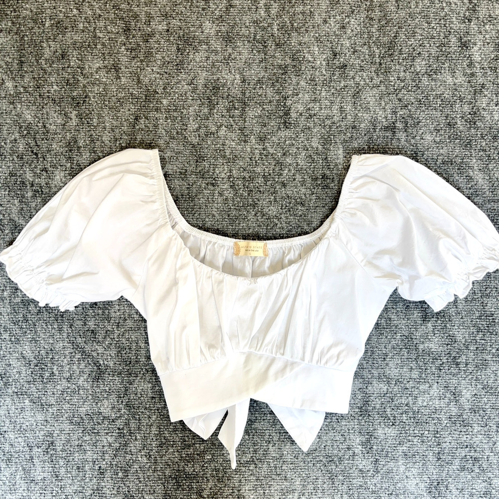 Altar’d State White Puff Sleeve Crop Top S Tie Back Milkmaid Cottagecore USA